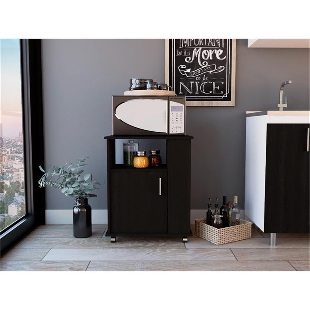 TUHOME Kit Lower Microwave Cabinet  One-Door Cabinet  Three Lateral Shelves  Two Internal Shelves  Countertop For Microwave  Black  For Kitchen Room
