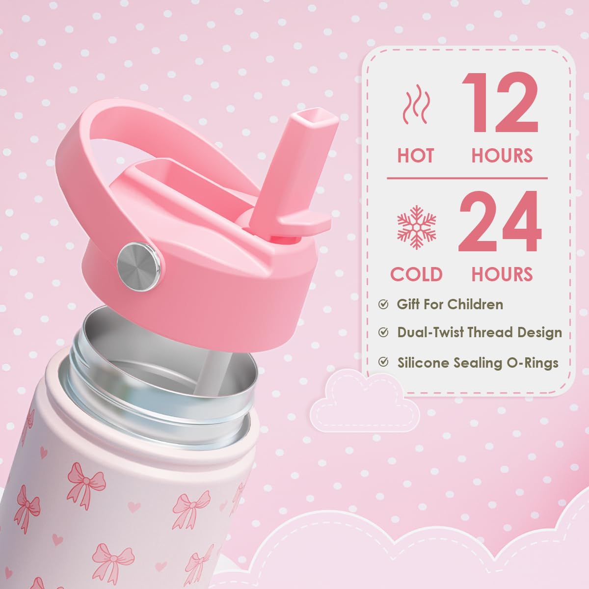 Bow Kids Water Bottle With Straw Lid 12oz Insulated Stainless Steel, Travel Tumbler, Pink Bow Gifts For Girls, Birthday, Christm