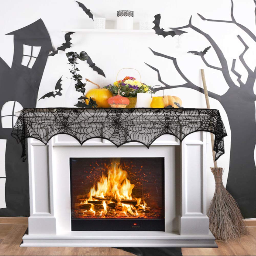 Gkkakuto Halloween Cobweb Fireplace Scarf, Black Lace Spiderweb Mantle Scarf For Halloween Home Party Supplies, 18 X 96 Inch