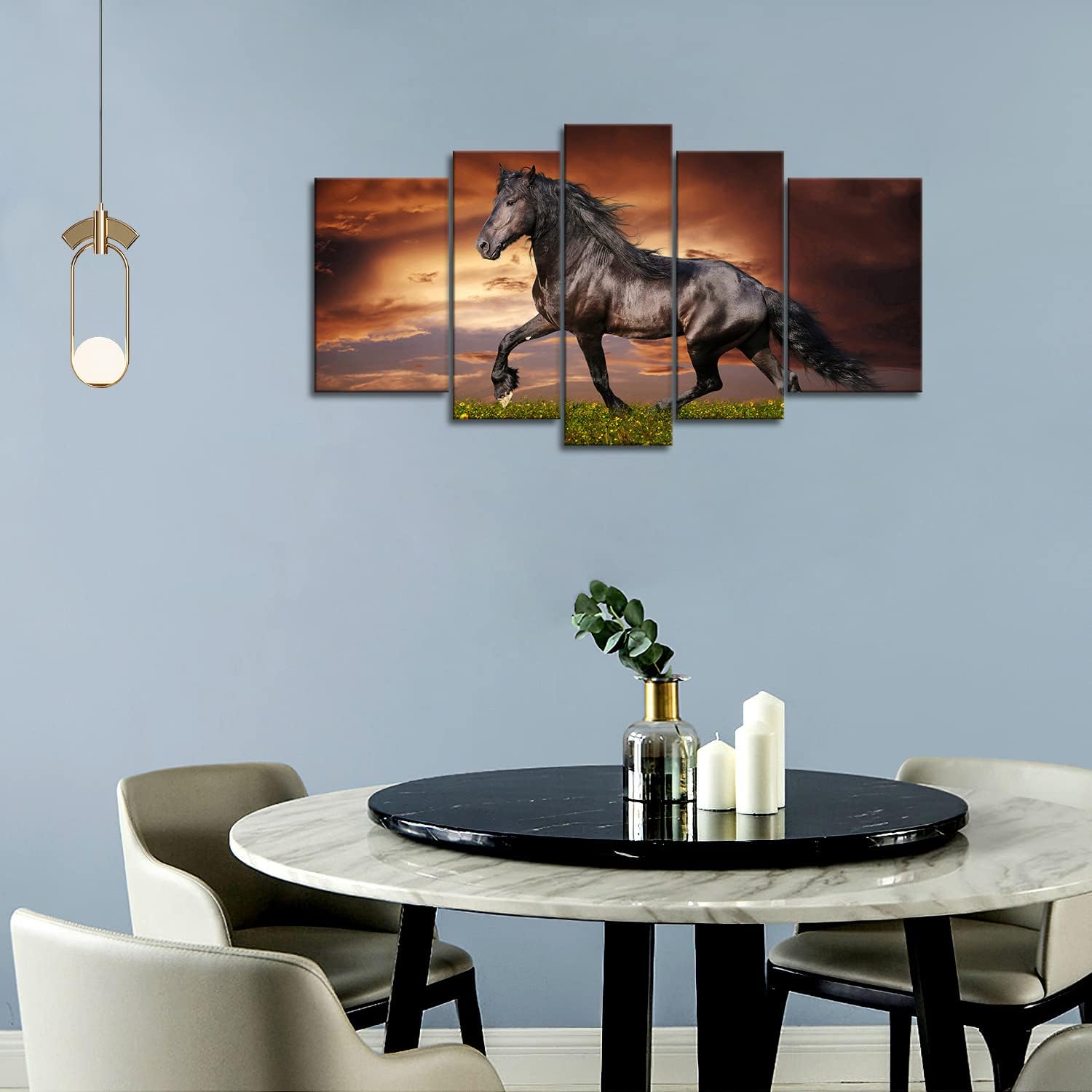 5 Panel Wall Art Black Friesian Running Horse Trot On The Field On Sunset Grass and Flower Painting Pictures Print On Canvas Animal The Picture for Home Modern Decoration Piece (A)