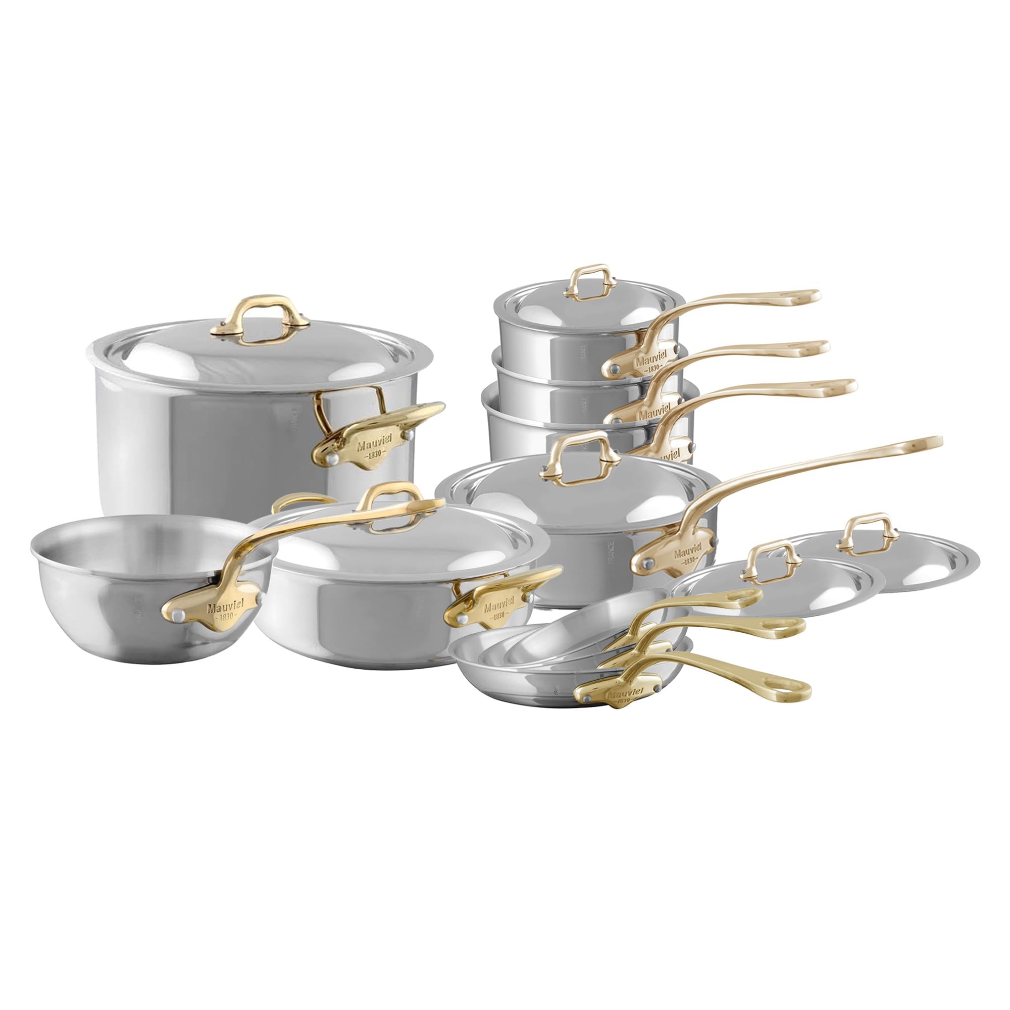 Mauviel MCook B 5Ply Polished Stainless Steel 16Piece Cookware Set With Brass Handles, Made In France
