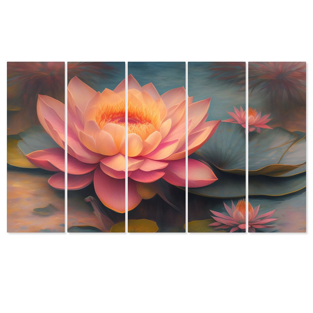 Dekorstation Pink Lotus Flower Leaves Wall Painting For Home,Wall Decorative Painting Multiple Frames Wall Paintings | Set Of -5