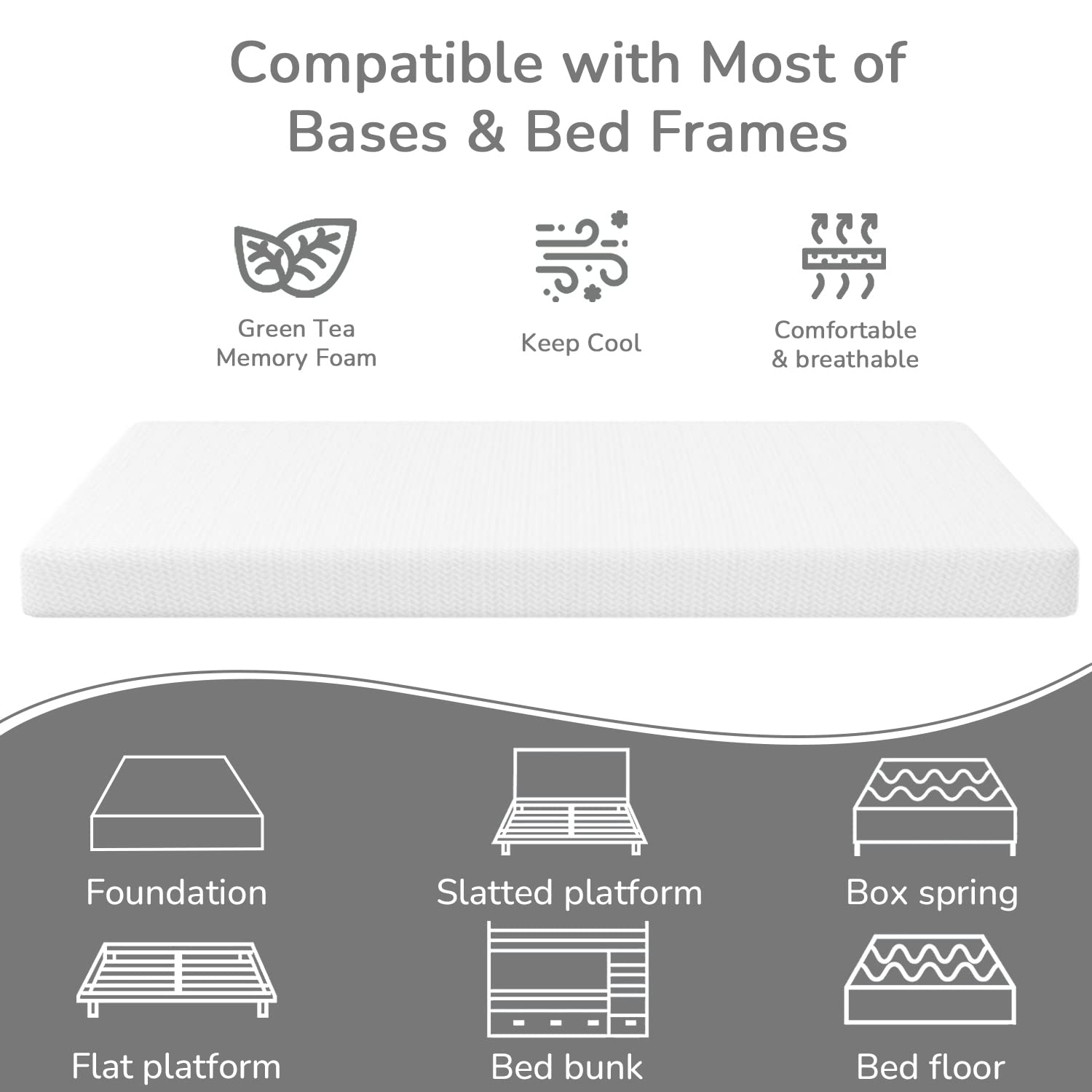 PayLessHere 5 Inch Green Tea Memory Foam Mattress Cooling Gel Infused Mattress Medium Firm Mattresses Fiberglass Free/CertiPUR-US Certified/Bed-in-a-Box/Pressure Relieving Twin Size White