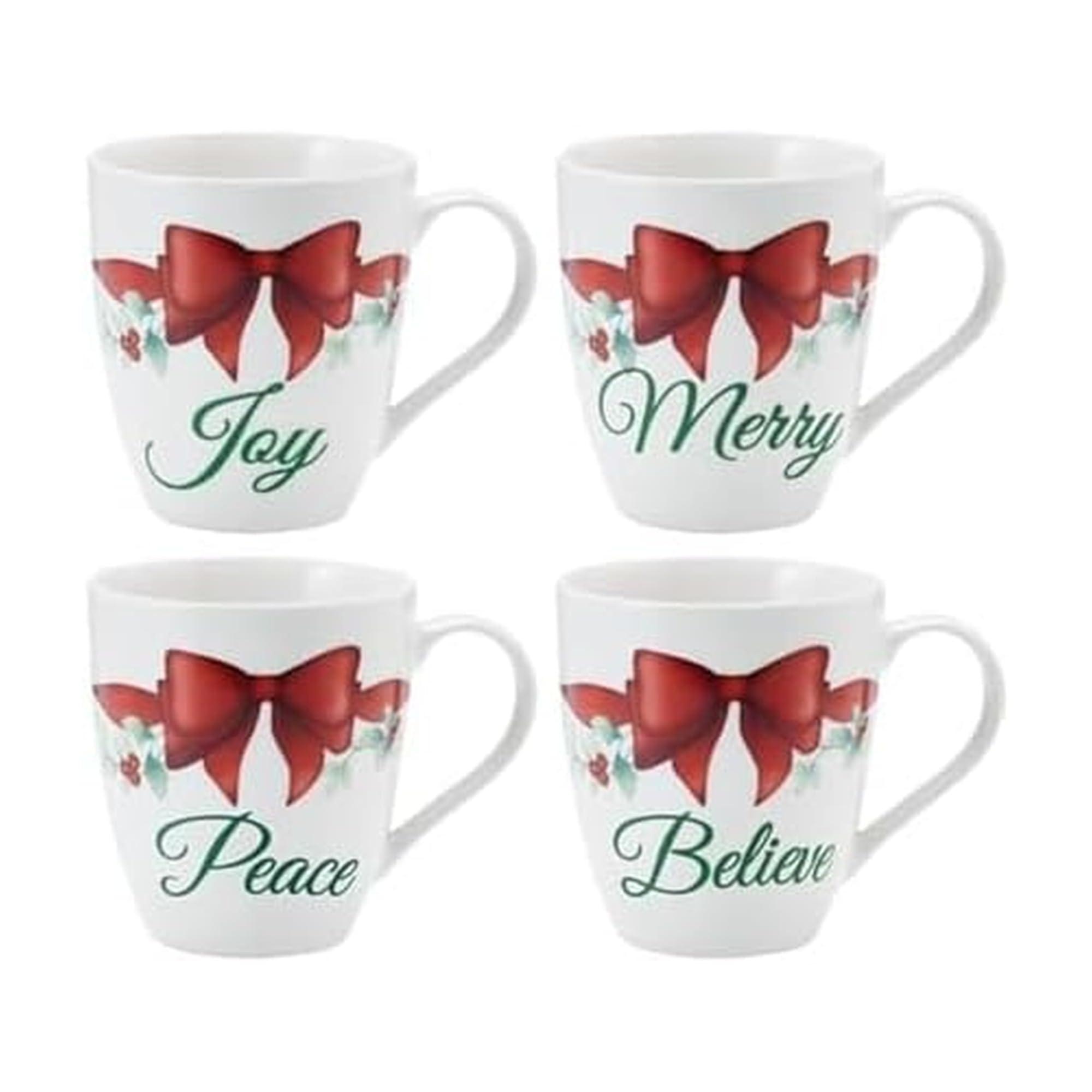 Pfaltzgraff Winterberry Holiday Mug Set of 4 Porcelain Christmas Drinkware Coffee Cups with Joy, Merry, Believe, Peace Sentiment