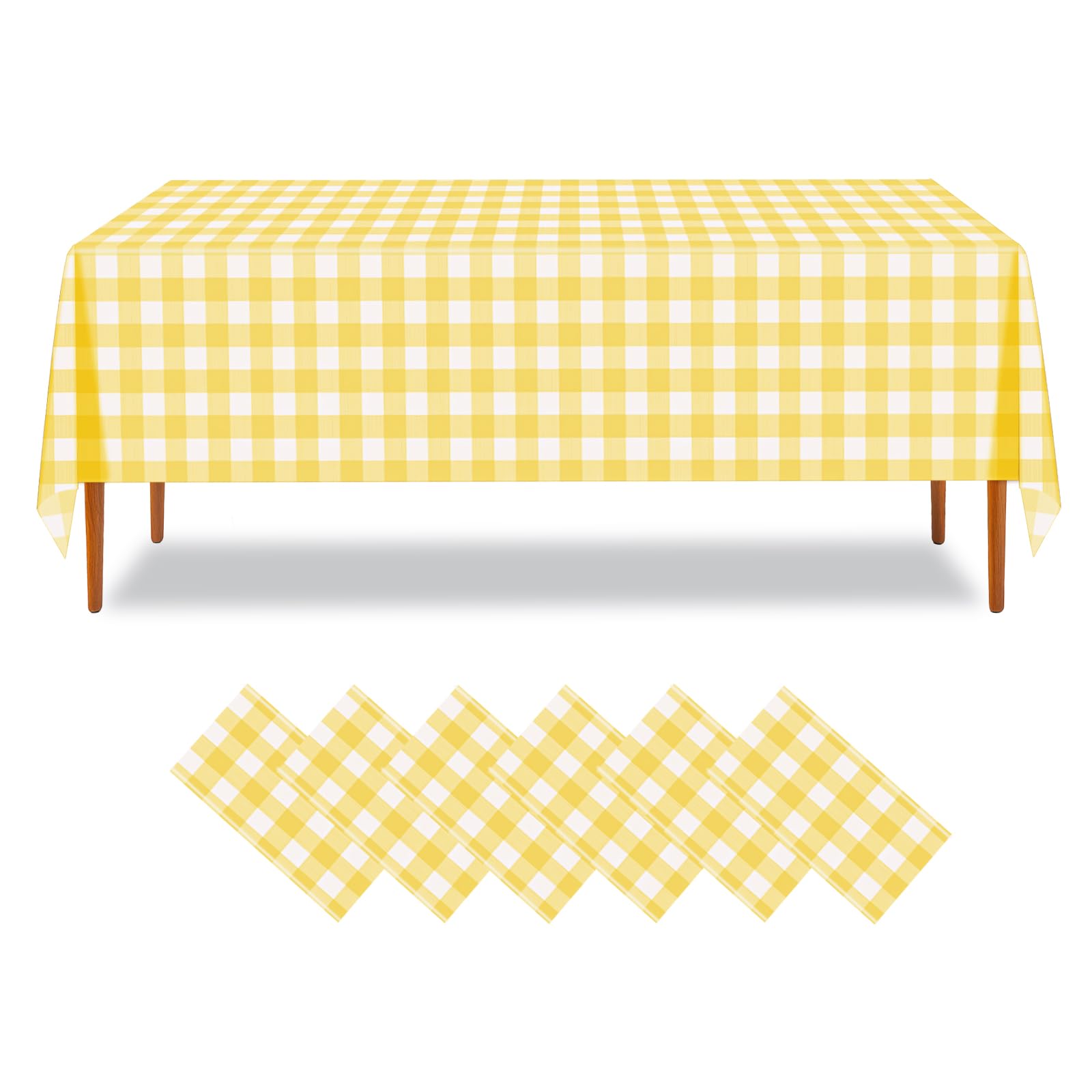 ZHIAXTON 6 Pack Yellow Gingham Plastic Tablecloth, 54 X 108 Inch Disposable Yellow and White Checkered Tablecloth, Rectangle Tab