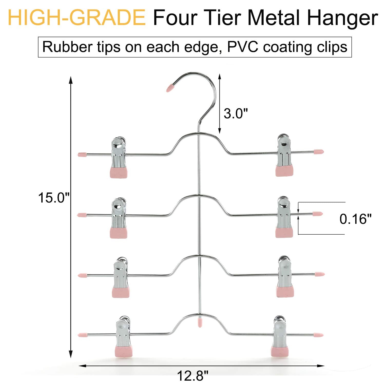 TOPIA HANGER 4 Tier Metal Skirt Hangers for Women  Pants Hanger Space Saving with Adjustable Clips  Gain 70% More Space  Non Slip Grip for Slacks  Trousers  Shorts  Jeans  Towels  Pink  2-Pack  CT20P