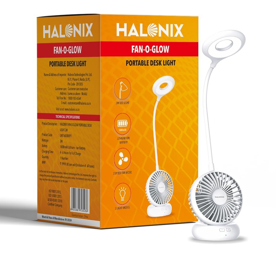 Halonix Polycarbonate FanOGlow Portable Led Desk Light | Study Lamp With Fan | 3 Light Modes | 3 Speed Fan Modes | Rechargeabl