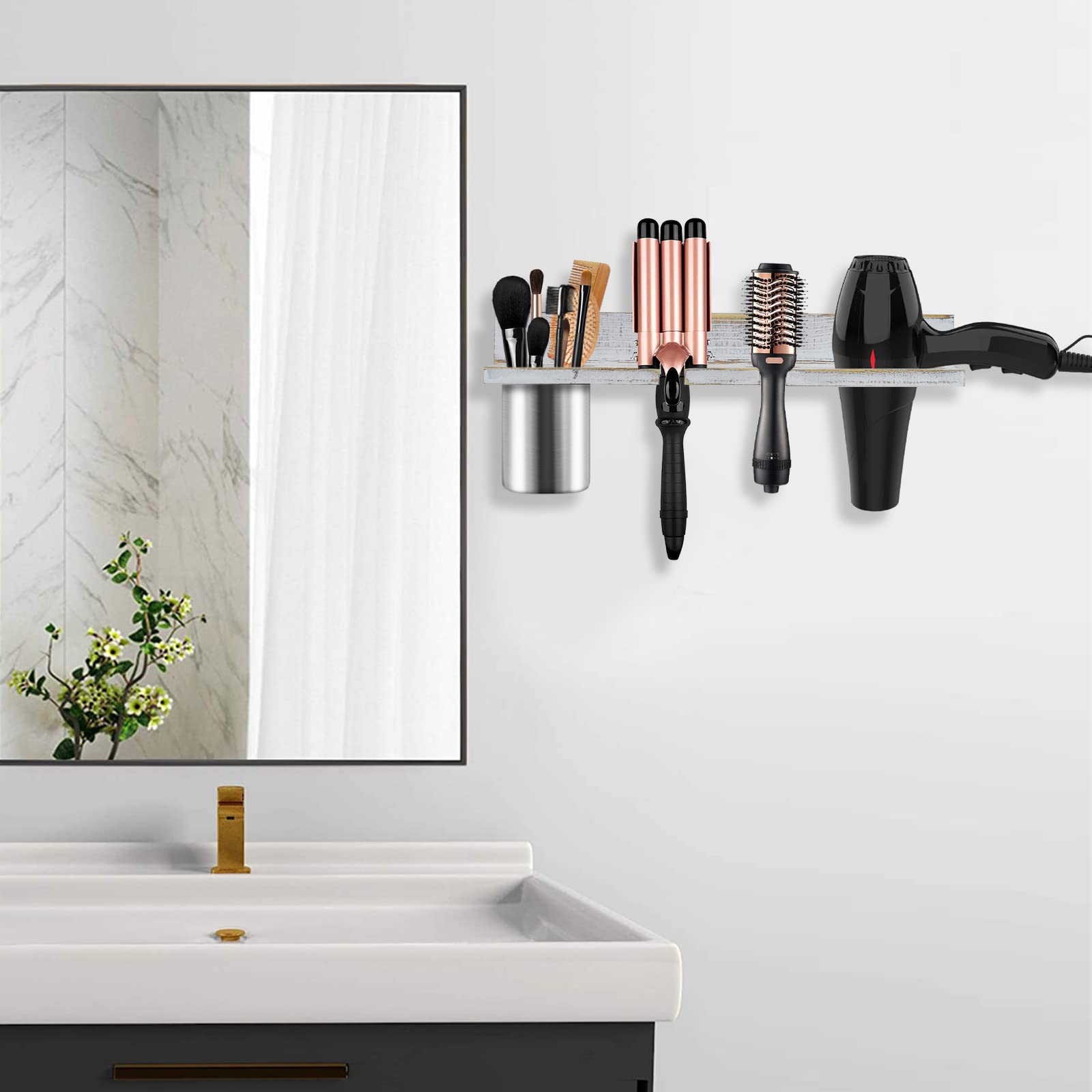 Hair Tool Organizer Wall Mounted, Sturdy Pine Wood Construction, Removable Stainless Steel Cup, Holds Hair Dryers, Straighteners