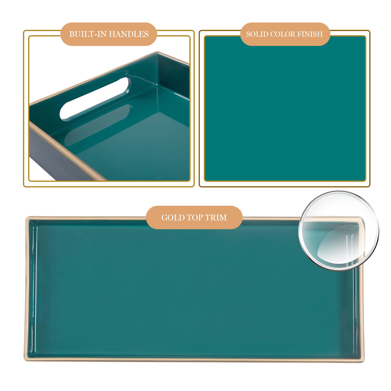 Maoname Green Vanity Tray Set Of 2, Plastic Decorative Tray With Handles, Moroccan Bathroom Tray For Toilet Tank, Counter, 13.8'