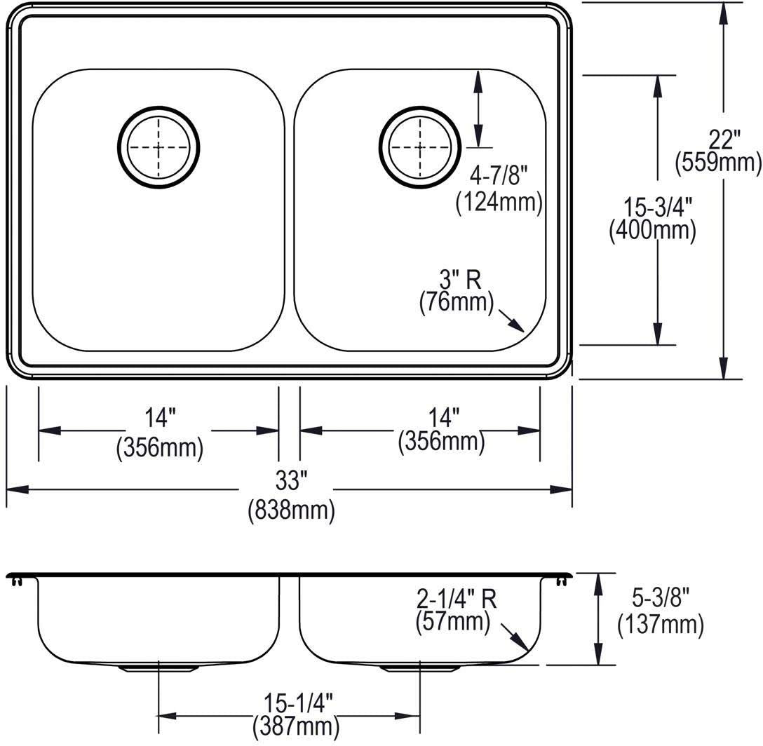 Elkay Dayton Stainless Steel 33'' x 22'' x 5-3/8''  Equal Double Bowl Drop-in Sink