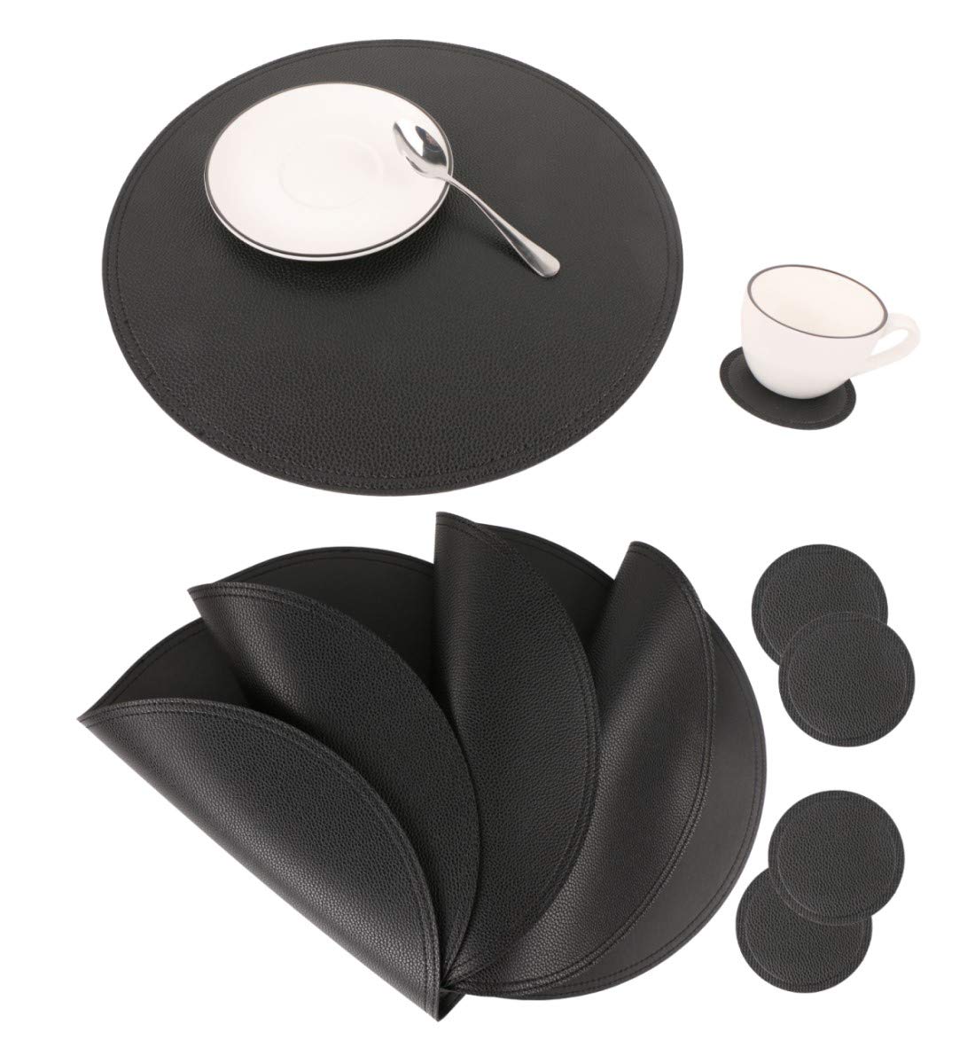Faux Leather Round Placemats And Coasters, Disko Table Mats And Drink Spills Coasters, Easy To Clean, Double Stitched For Kitche