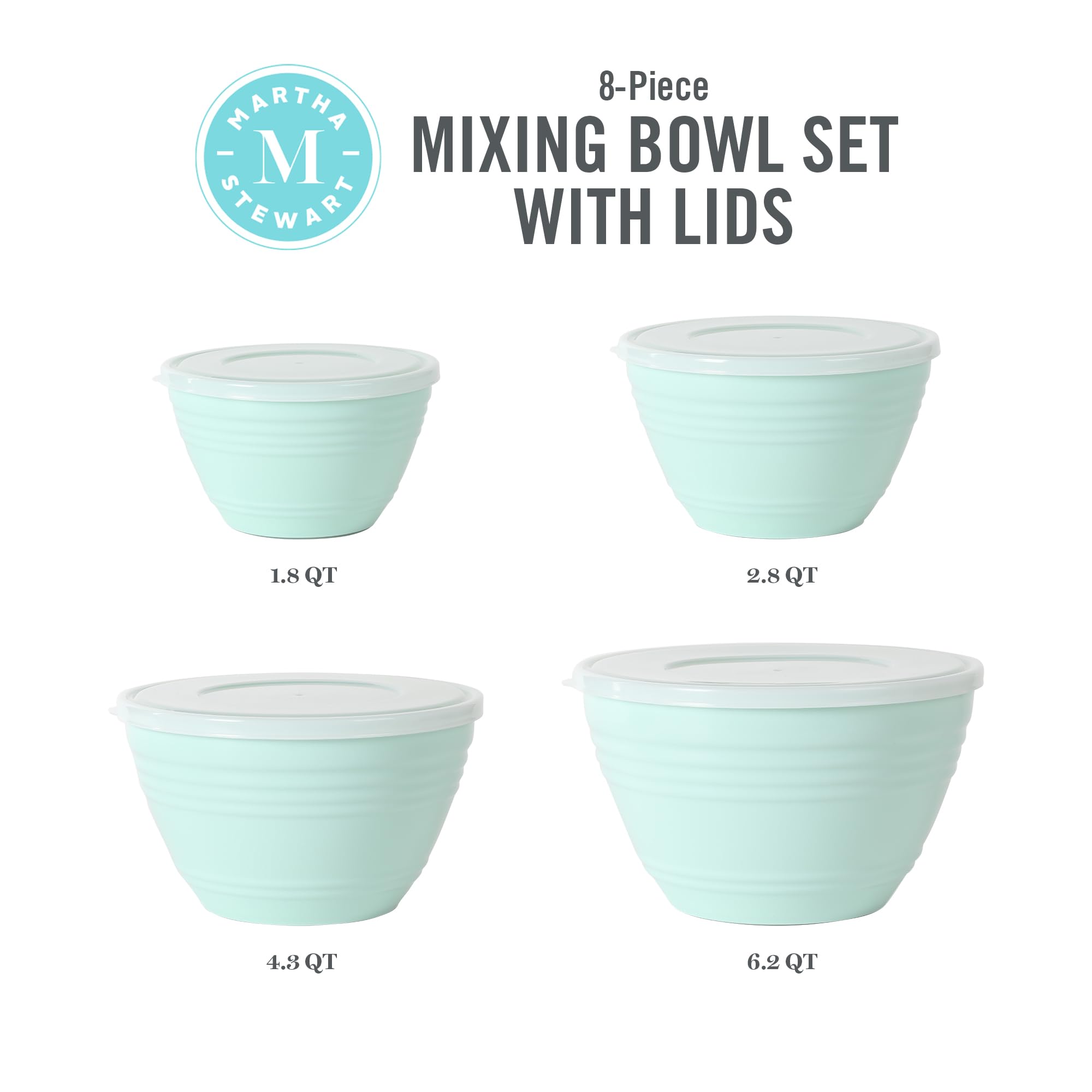 Martha Stewart Hoyt 8 Pc Round Mixing Bowl Set W/Lid - 6.2 Qt, 4.3 Qt, 2.8 Qt, 1.8 Qt, Martha Blue