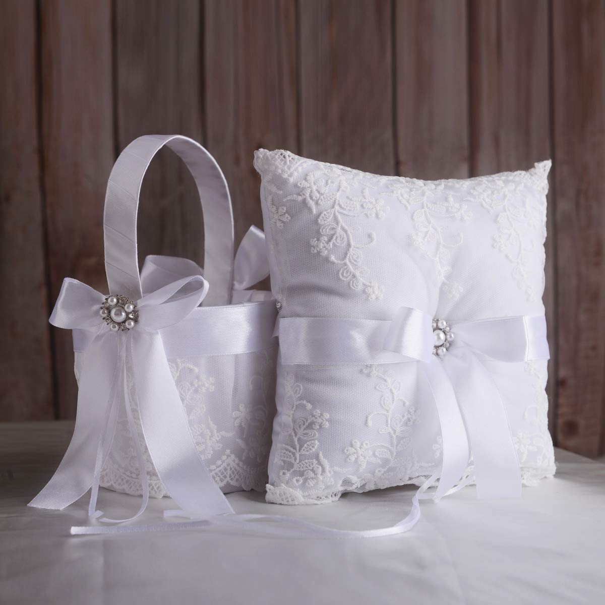 True Love Gift Ring Bearer Pillow And Wedding Flower Girl Basket Set Pearl Rhinestones White Satin Lace Collection