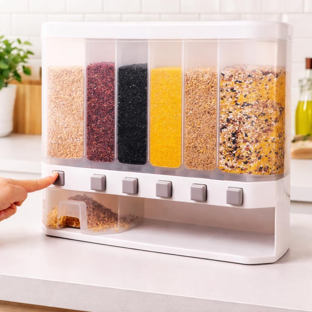 Savanizon 6Compartment Grain Dispenser And Dry Food Storage Container,Wall Mounted Dry Food Storage Organizer, Removable Divide
