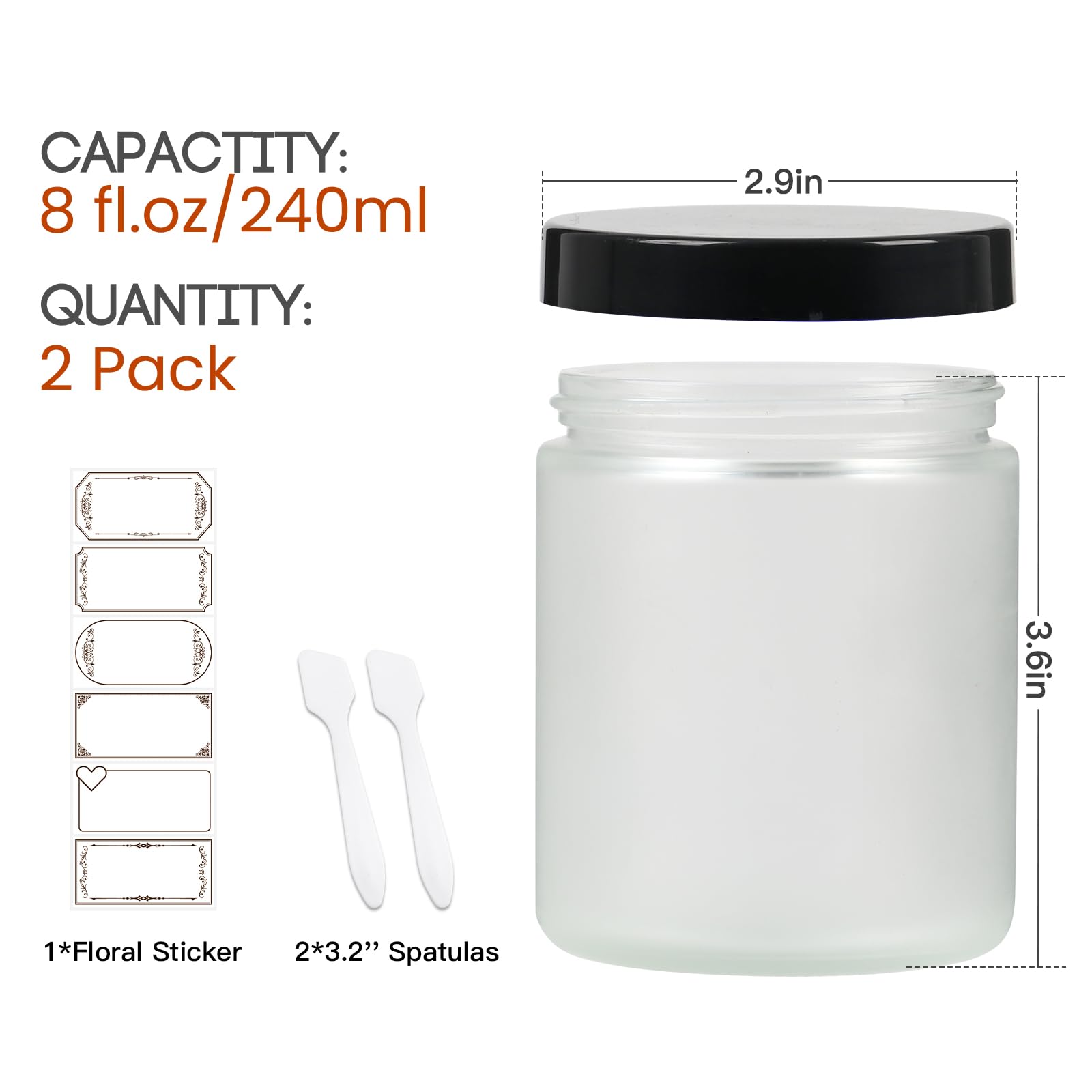 8 Oz Frosted Round Glass Jars, Pack Of 2 With Black Lids, Cosmetics Containers For Face Cream Lotion, Powder, Candle, Spice, Bod