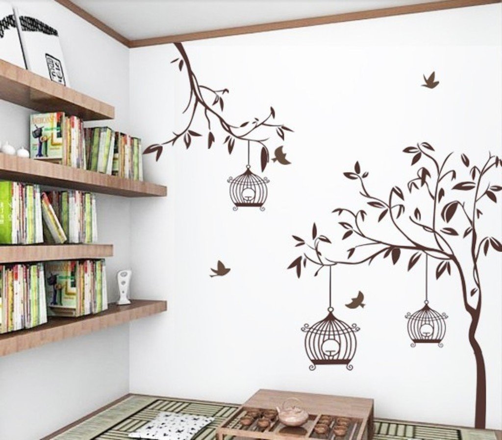 Decals Design Stickerskart Wall Stickers Tree With Birds And Cages (Wall Covering Area: 140X110Cm,Product Dimensions: 50X70Cm)