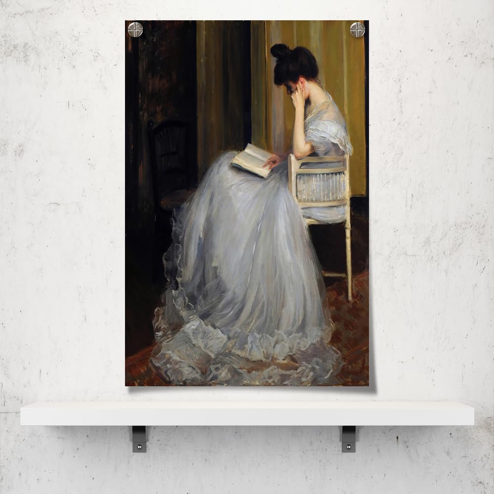uoyien Vintage French Canvas Wall Art - Woman Reading Portrait, 16x24in Unframed, Off-white, Dark Academia Aesthetic Decor
