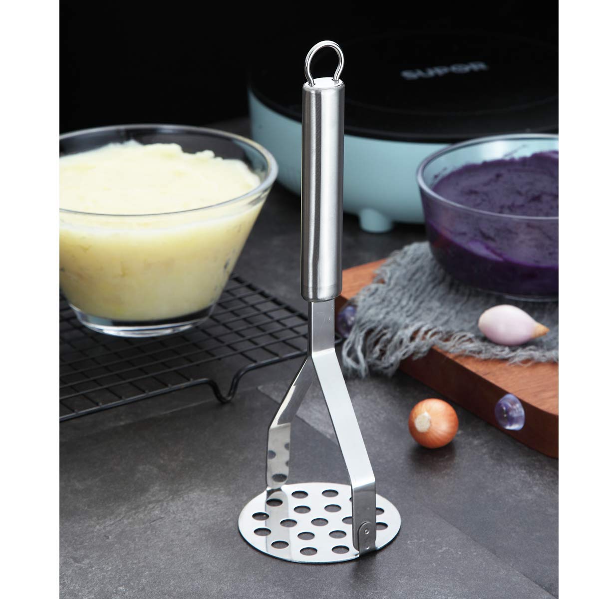 Berglander Stainless Steel Potato Masher, Heavy Duty Metal Potato Ricer, Food Masher Utensil Hand Masher, Vegetables Fruits Vers