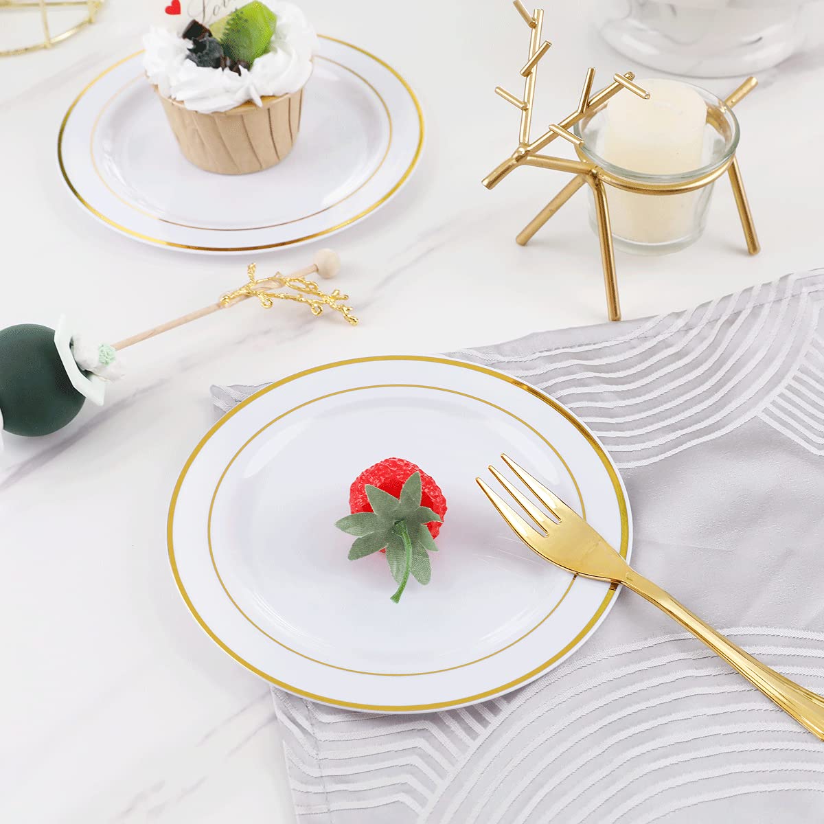 Wellife 120 Pcs Gold Plastic Dessert Plates And 120 Pcs Gold Forks, 6.5 Inch Disposable Salad Plates, Premium White Appetizer Pl