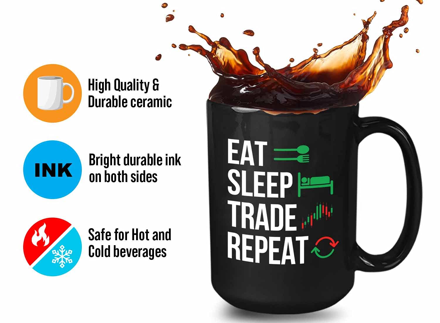 Stock Trader Coffee Mug - Eat Sleep Trade Repeat - Stock Market Traders Brokers Financial Adviser Trading Investor 15Oz Black