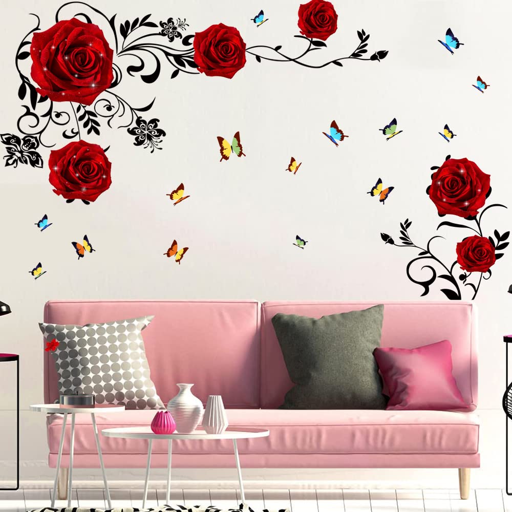 Supzone Red Rose Wall Stickers Rose Flower Vine Wall Decal Red Peony Floral Wall Decor DIY Vinyl Mural Art for Bedroom Living Room Sofa Backdrop TV Wall Decoration