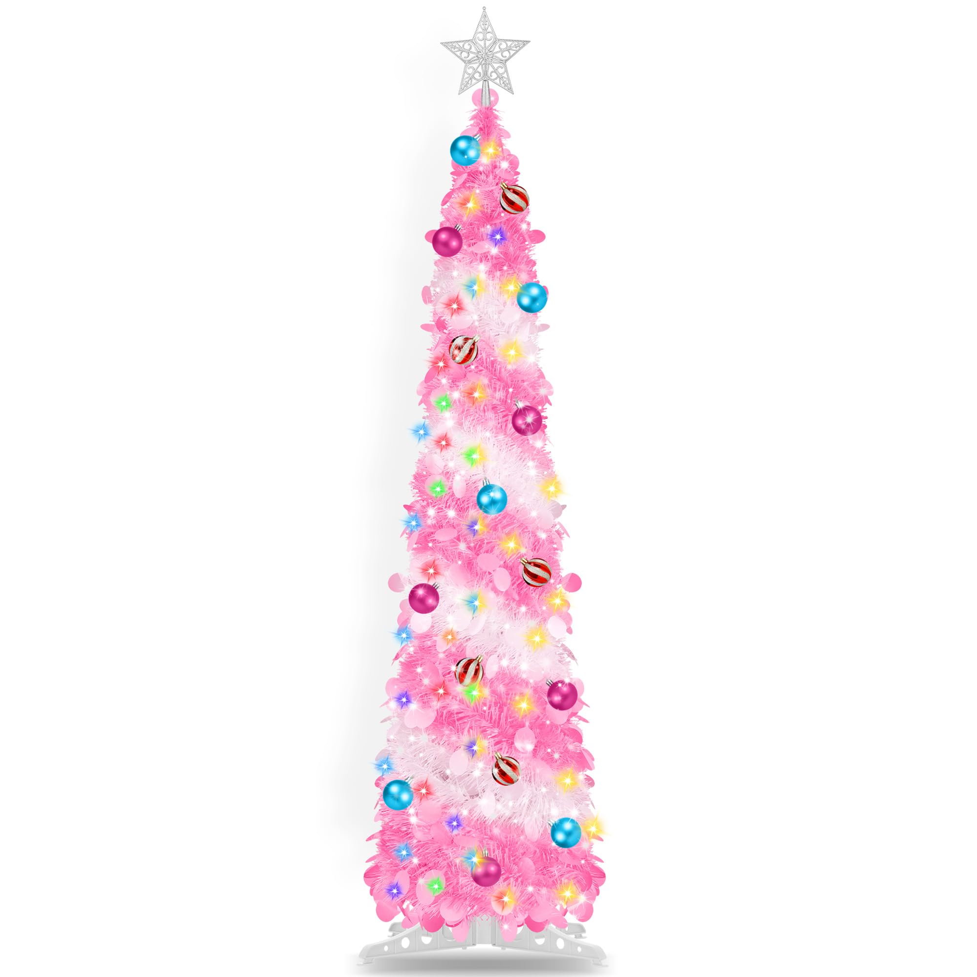 5FT Pop Up Christmas Tree with Timer 60 Warm White & Multi Color Fairy Light 3D Star 15 Ball Ornament, Pink White Tinsel Christm