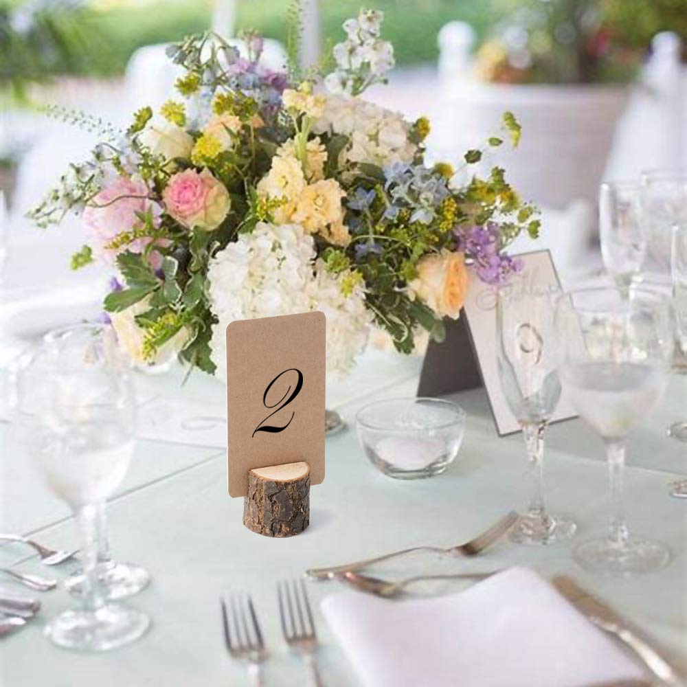 Jofefe 12Pcs Mini Premium Wood Place Card Holders and 24Pcs Kraft Table Place Cards  Rustic Mini Table Number Holders  Table Sign Stand  Name Card Photo Picture Holders for Wedding  Party  Birthday.
