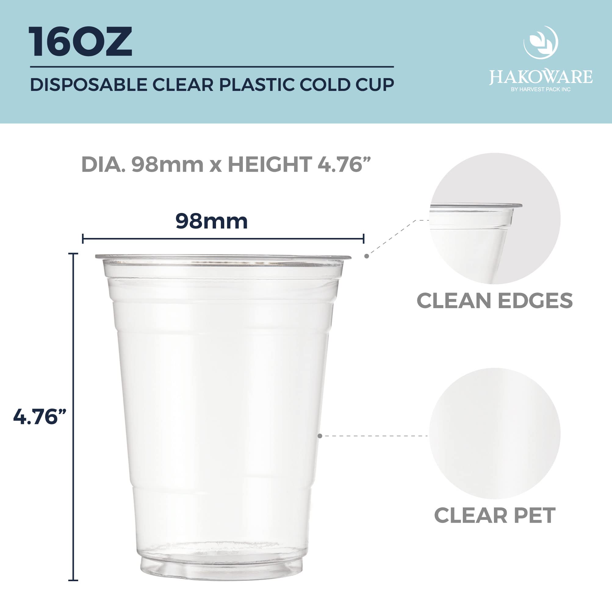 [200 COUNT] HAKOWARE by Harvest Pack 16oz Ultra Clear Disposable Plastic Cold Cups