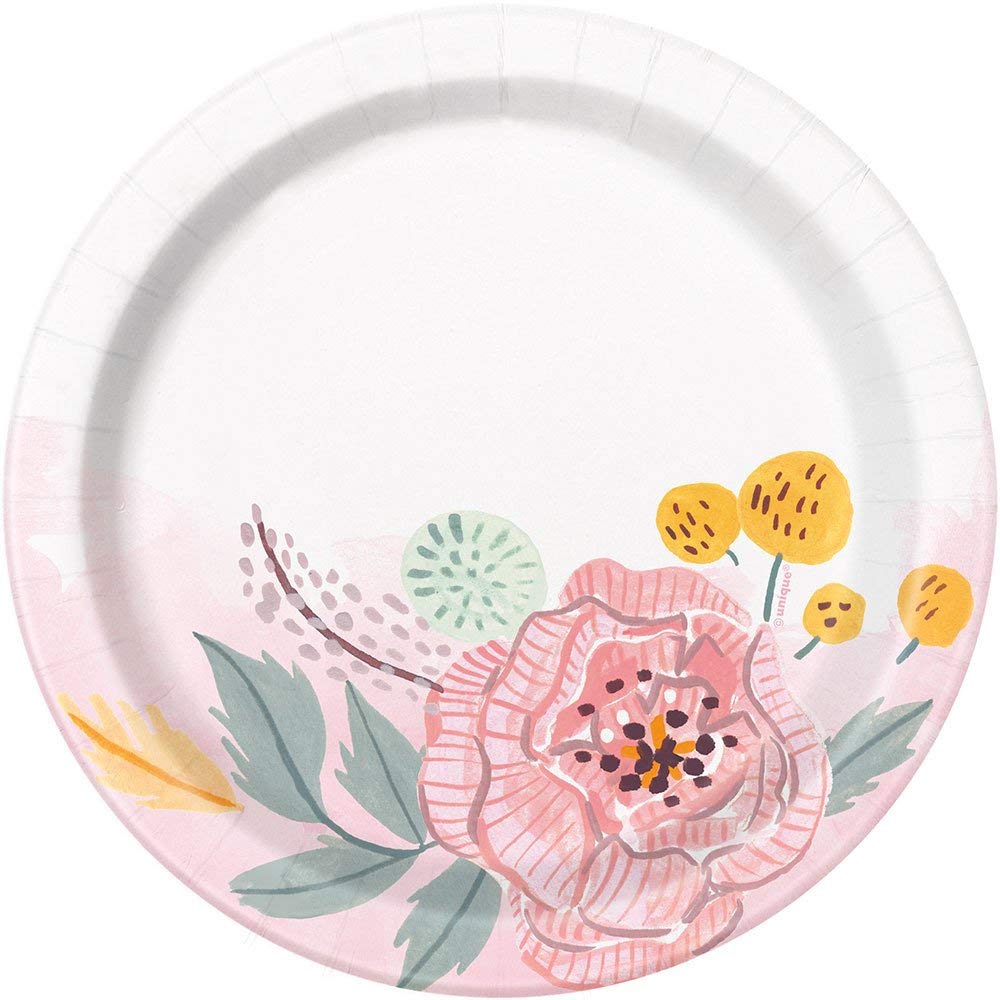 Unique Industries Painted Pink Floral Paper Cake Plates, 8Ct