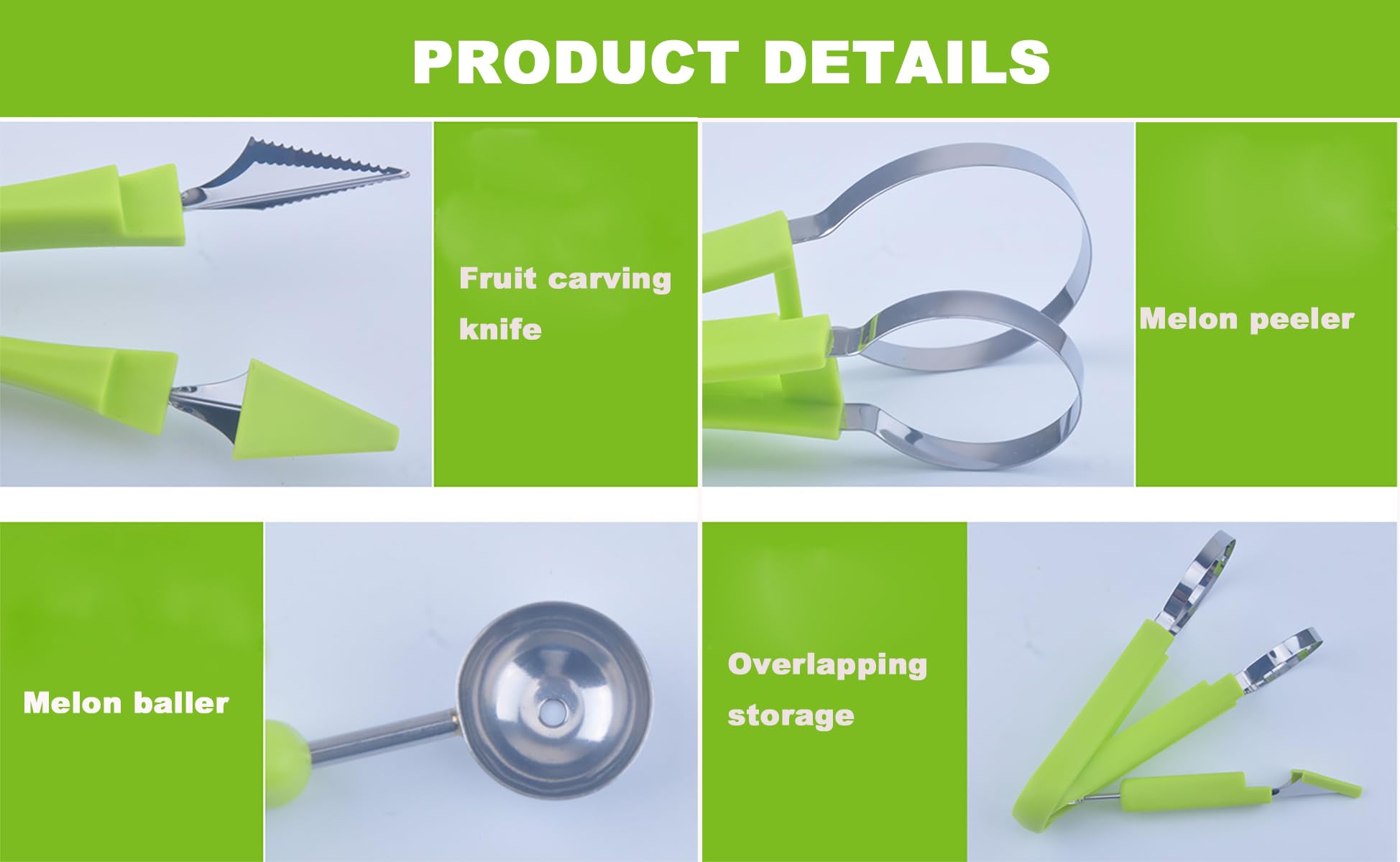 Melon Baller Scoop Set,Watermelon Scooper,4 In 1 Stainless Steel Fruit Carving Tools Set,Watermelon Slicer Ice Cream Baller,Frui