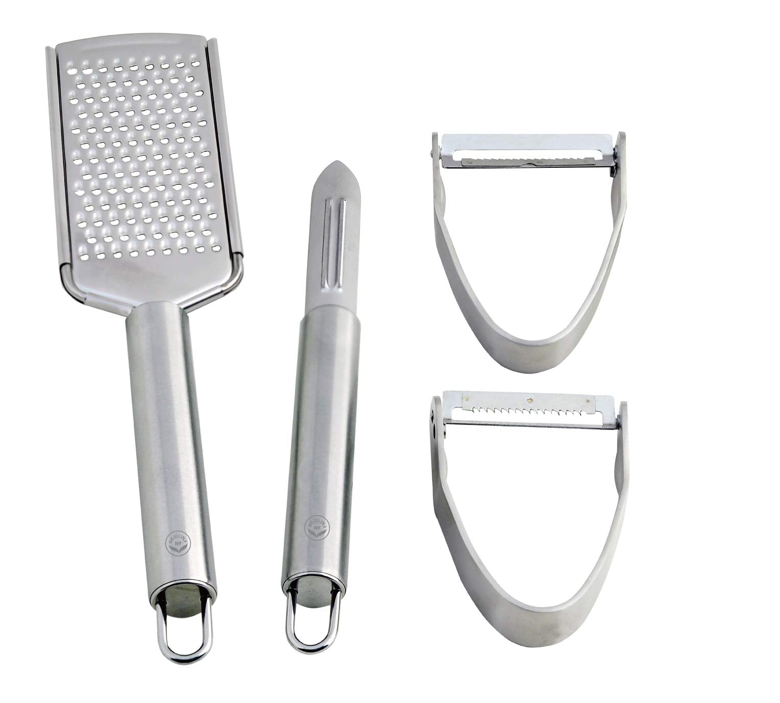 NewlineNY Stainless Steel Kitchen Tools: Veggie Fruit Shredder Slicer Grater Peeler, 4 Pcs Set: 1 Straight 1 Julienne Peeler 1 C