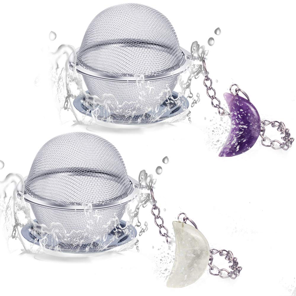 2Pcs Tea Infuser, Scdom Stainless Steel Ball Mesh Tea Strainer, Amethyst & White Crystal Moon Pendant Tea Ball Tea Filter With E