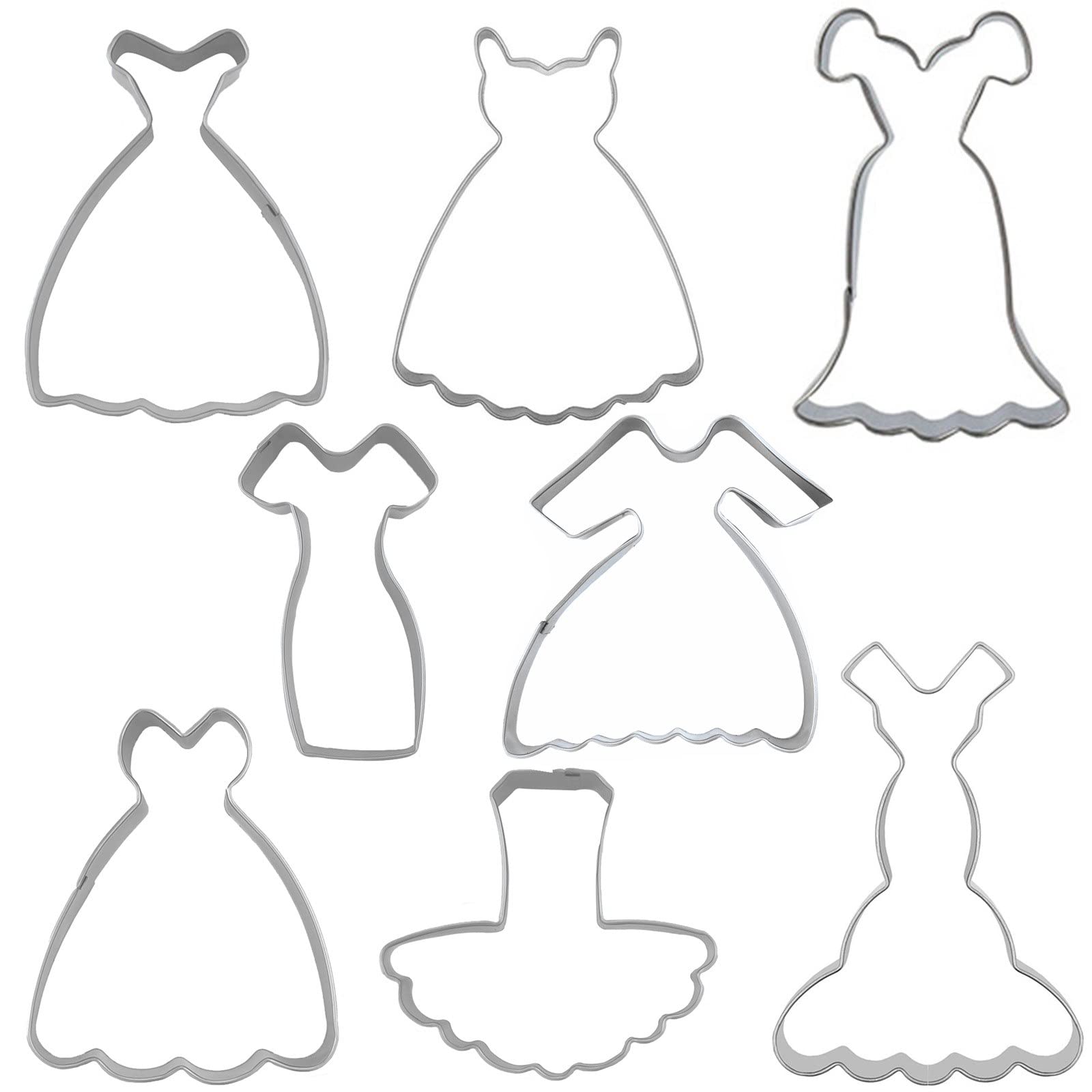 Dress Shaped Cookie Cutters Set Of 8 Pcs, Stainless Steel Wedding Dress Princess Dress Fondant Cutter Molds Baking Diy