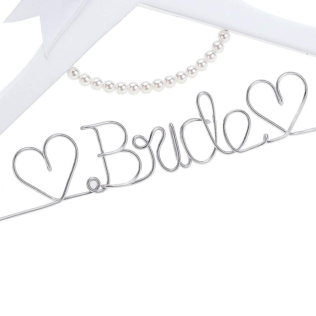 Huidian White Solid Wood Bridal Dress Hanger With Bridal Wire Lettering For Bridal Wedding Party Gift (White Hanger Silver Threa