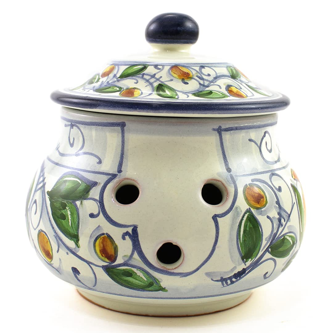 Ceramiche Rampini Hand Painted Italian Ceramic Garlic Jar - Multicolor, Handmade in Gubbio, Garlic Keeper, Made in Italy