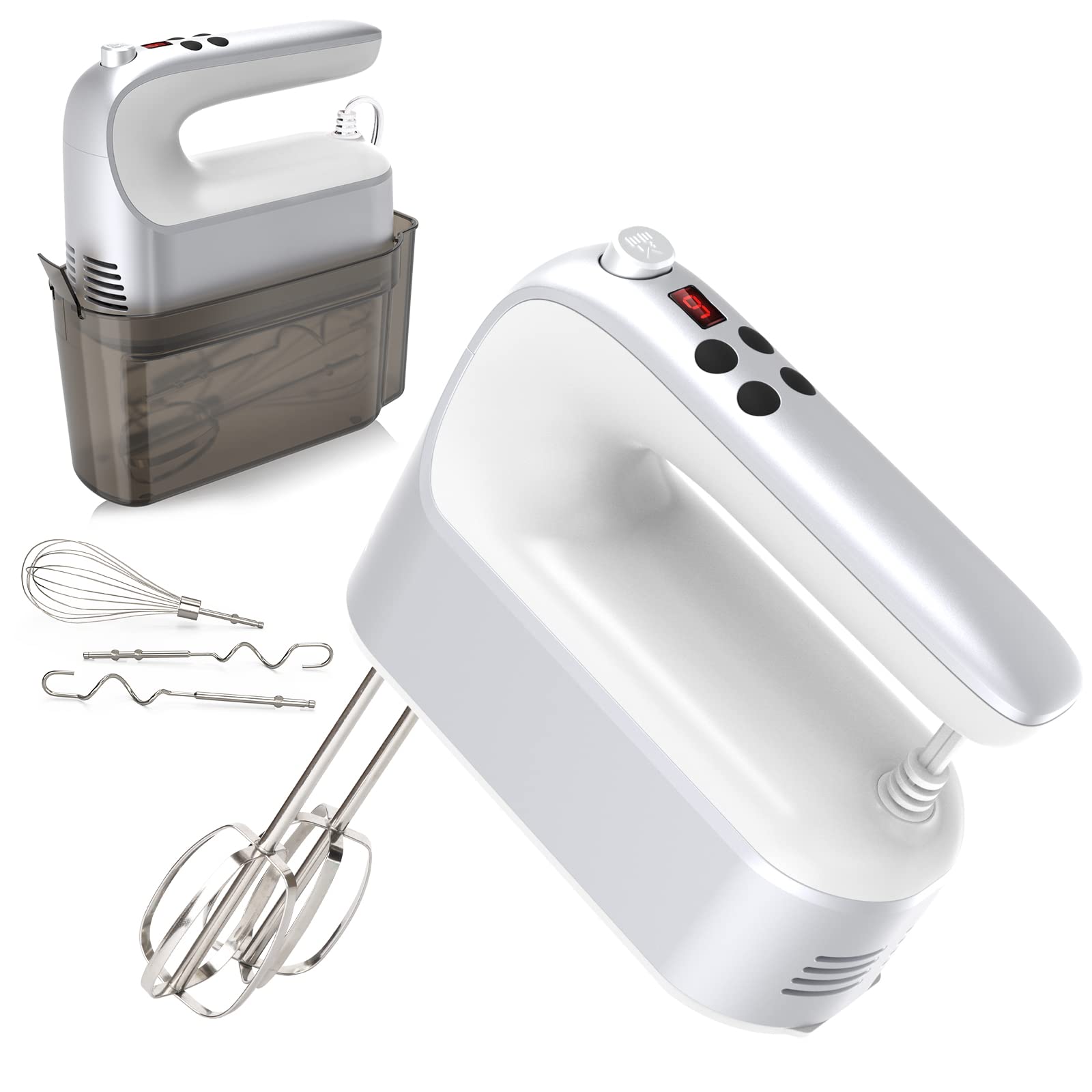 Yomelo 9-Speed Digital Hand Mixer Electric, 400W Powerful DC Motor, Baking Handheld with Snap-On Storage Case, 5 Stainless Steel