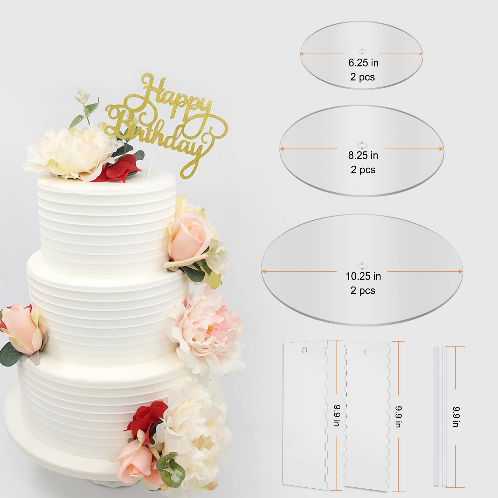 Ailaxq Acrylic Round Cake Discs Set - 6.25   , 8.25   , 10.25    - 2 Circles Each Size (158 Mil Thick), Comb Icing Scraper, Cake