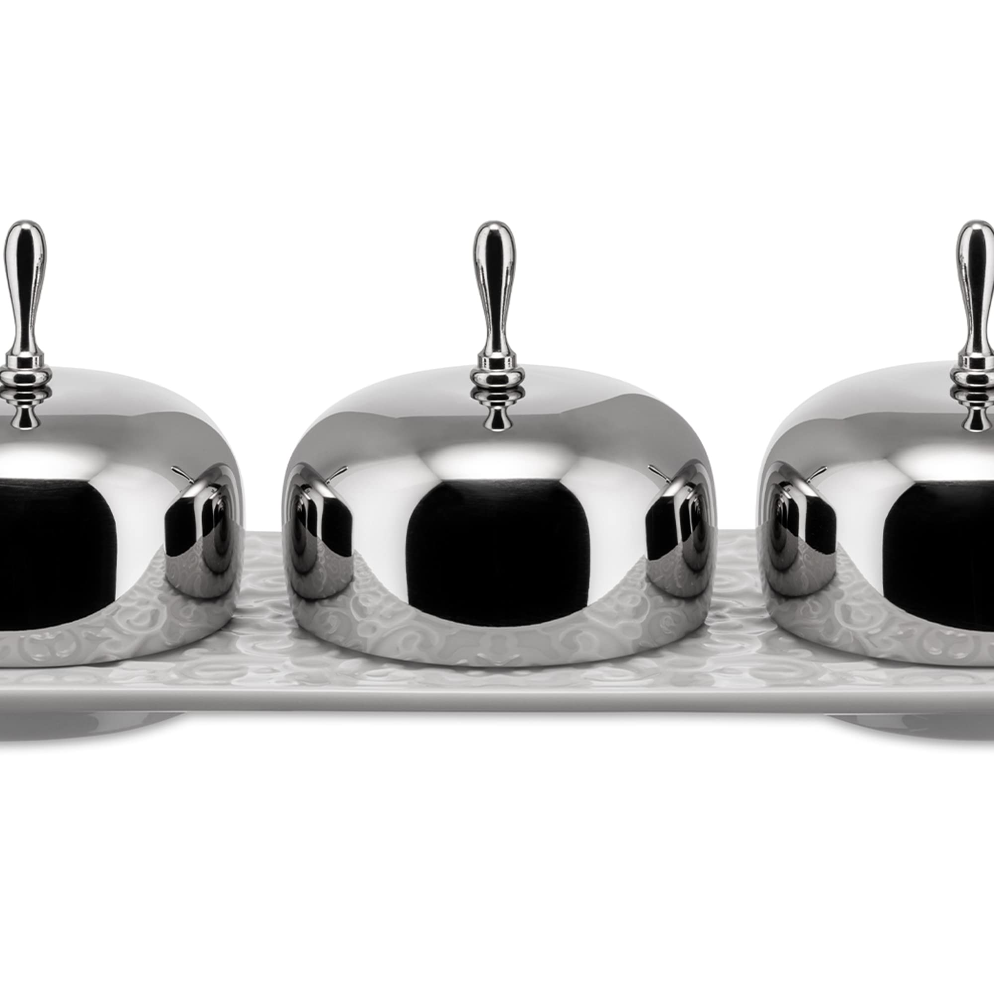 Alessi ''Dressed'' Three-Section Jam Tray In Porcelain With Lids In 18/10 Stainless Steel Mirror Polished, White