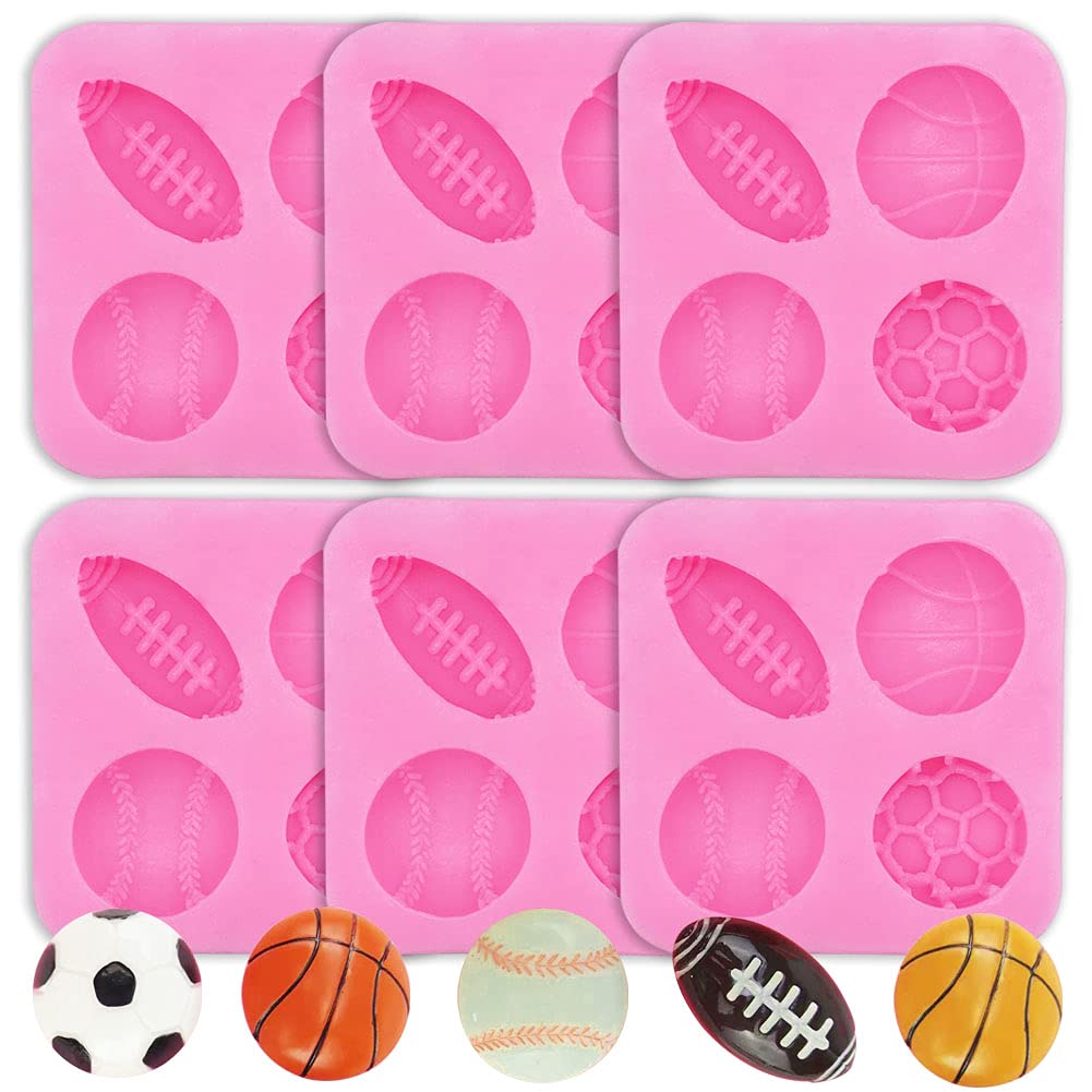 6 Pcs 4-Cavity Sports Ball Theme Cake Decoration Silicone Molds Football Basketball Baseball Rugby Silicone Molds, For Diy Choco