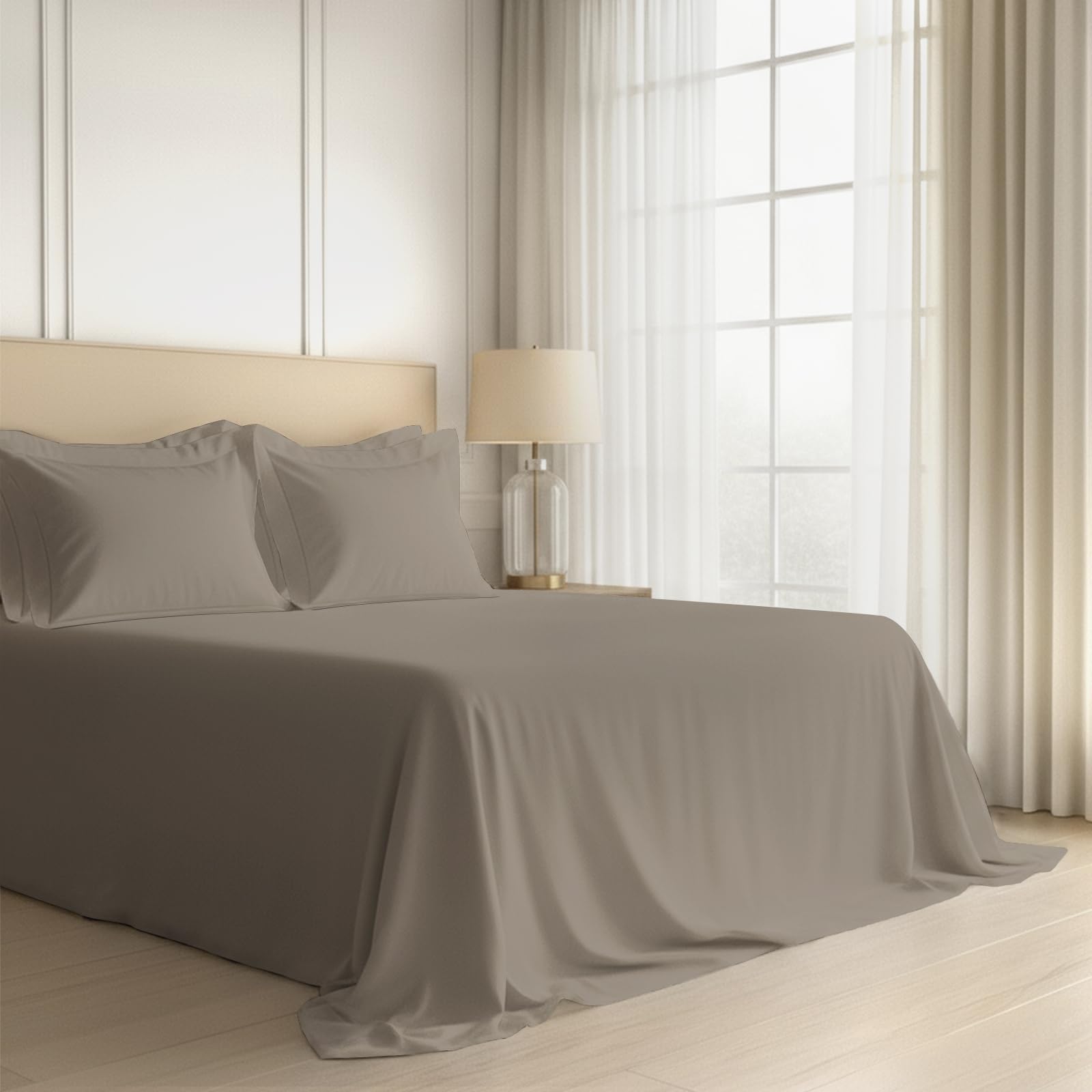 Pizuna 100% Cotton Bedsheet Super King Size Simply Taupe, 400 Thread Count Long Staple Combed Cotton Flat Bedsheets 108X108 Inch