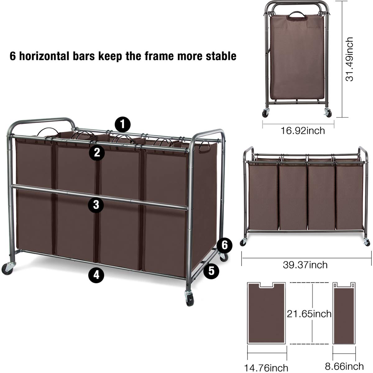 STORAGE MANIAC Laundry Sorter 4 Section  Laundry Hamper with Wheels  Laundry Basket Sorter  Laundry Separator Hamper  Laundry Divider Hamper  4 Bag Laundry Hamper with Wheels and Removable Bags  Brown