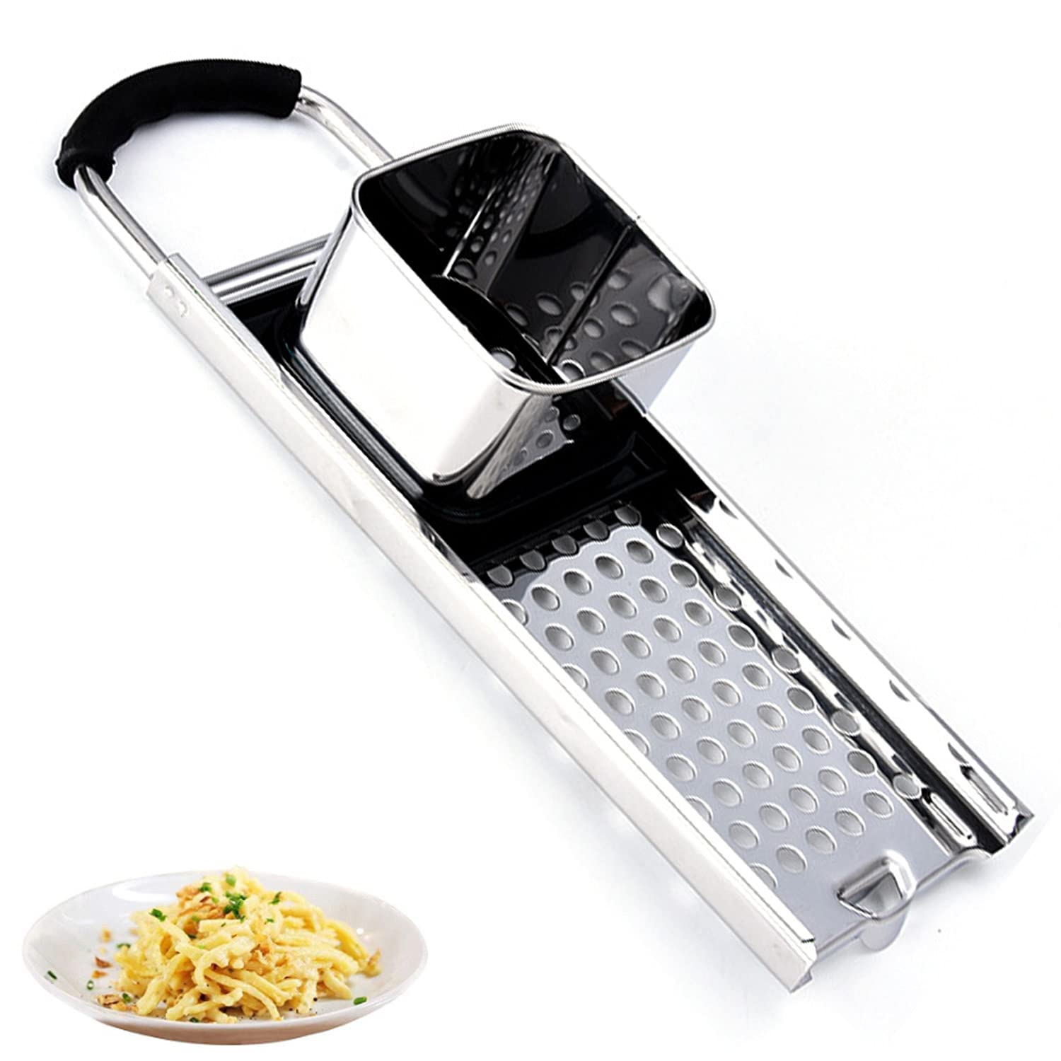Tsongho Stainless Steel Spaetzle Maker Noodle Dumpling With Safety Pusher Comfort Rubber Grip Handle, Silver, Tk-S-001