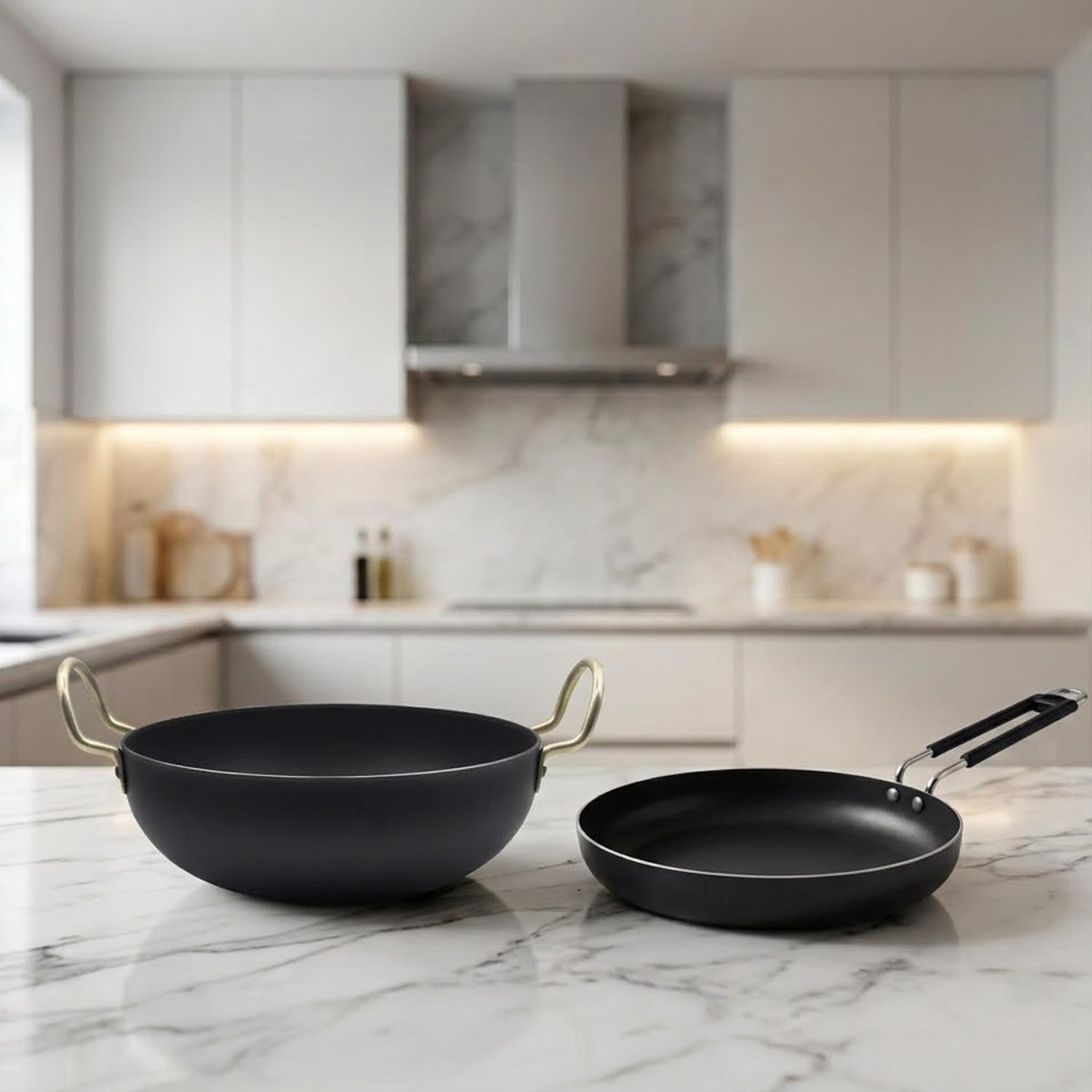 Dozy Hard Anodised Kadai And Frying Pan Cookware Set, Black