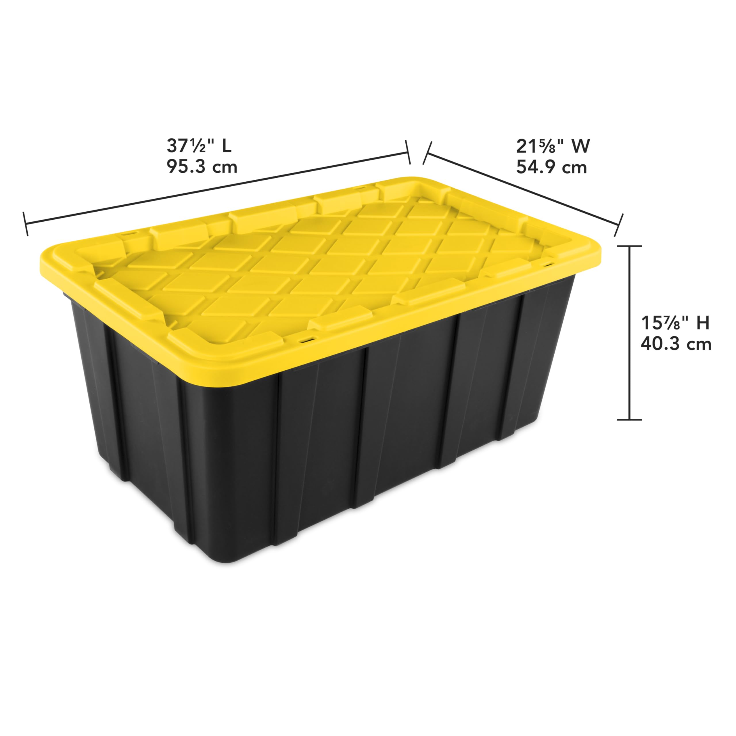 Sterilite 38 Gal Industrial Tote, Stackable Storage Bin With Snap-Fit Lid For Garage, Basement & Attic Storage, Black Base And Y