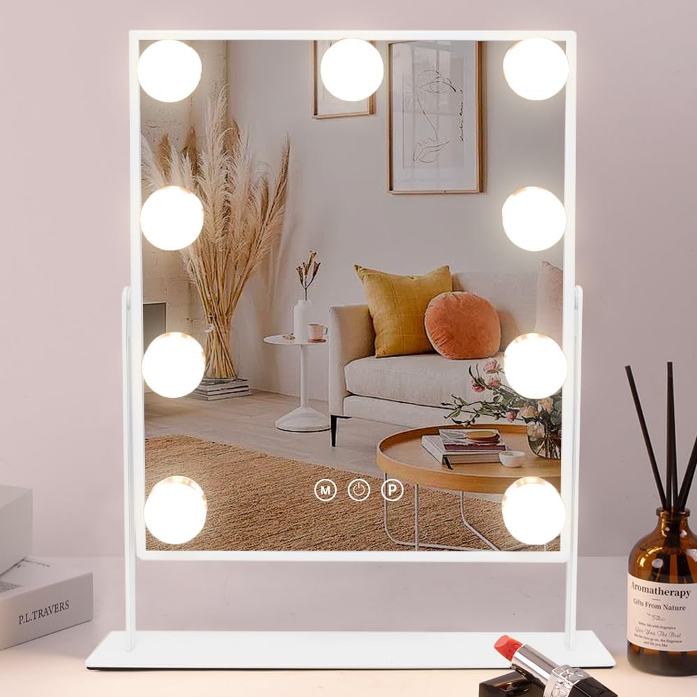 Cooljeen Vanity Mirror With Lights, 9 Led Bulbs Lighted Makeup Mirror With Detachable 10X Magnification Mirror, Hollywood Mirror