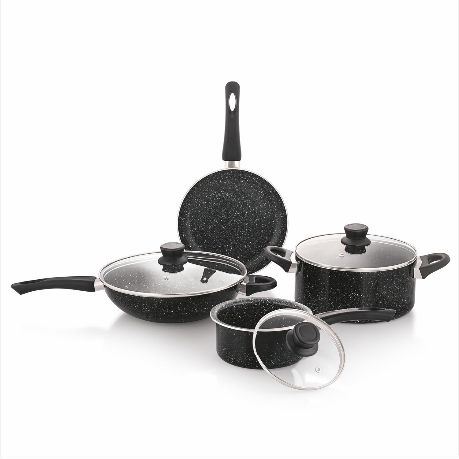 Amazon Basics Granite Nonstick Cookware Set 4 Pieces | 16 Cm Saucepan 1.5 L, 24 Cm Fry Pan 1.6 L, 24 Cm Casserole 4.7 L, 28 Cm W