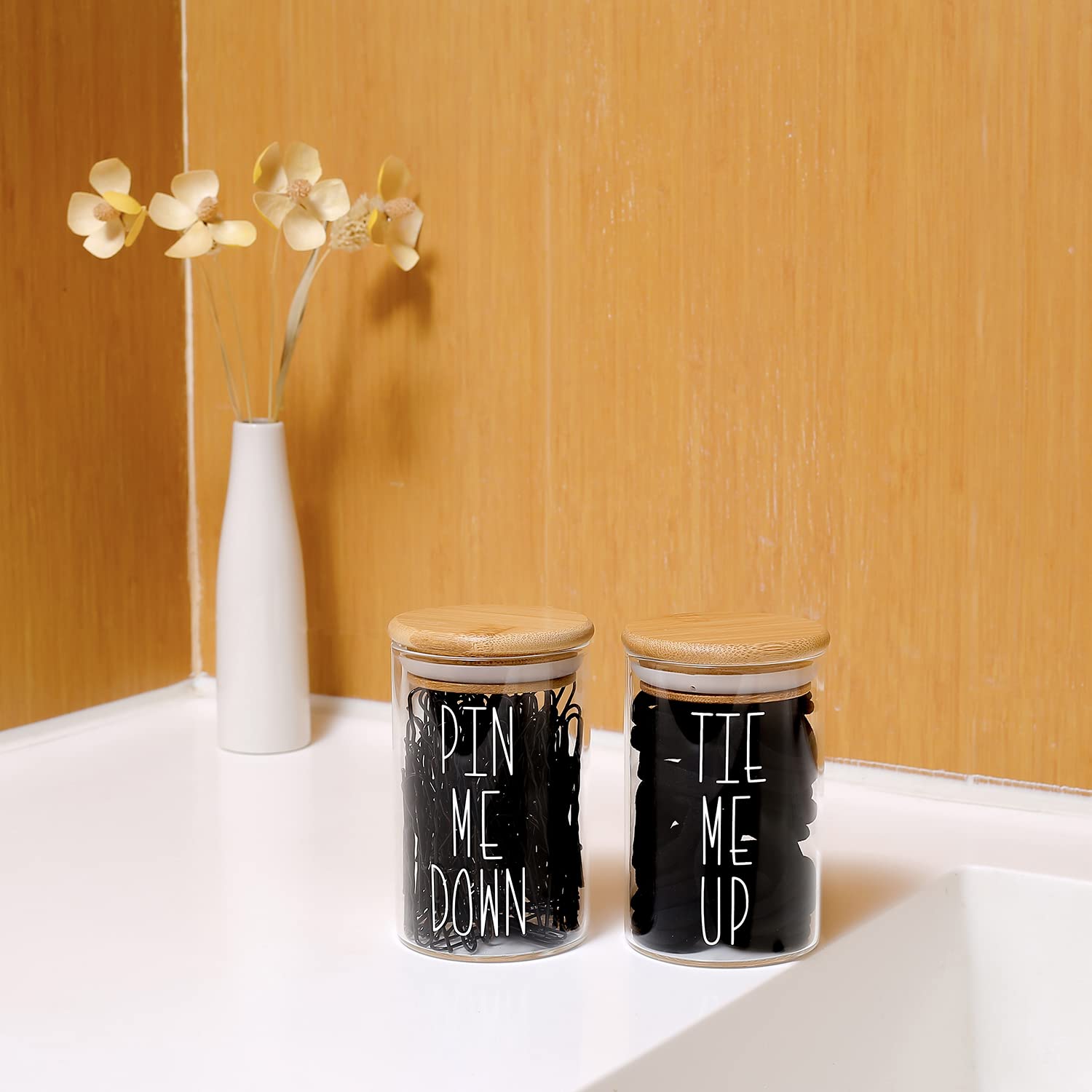 MOMEEMO Apothecary Jars with Lids Storage Organizer  Hair Tie Organizer & Bobby Pin Holder are Great for Bamboo Bathroom Accessories  Decor Farmhouse Style. (Hair Ties & Pins)