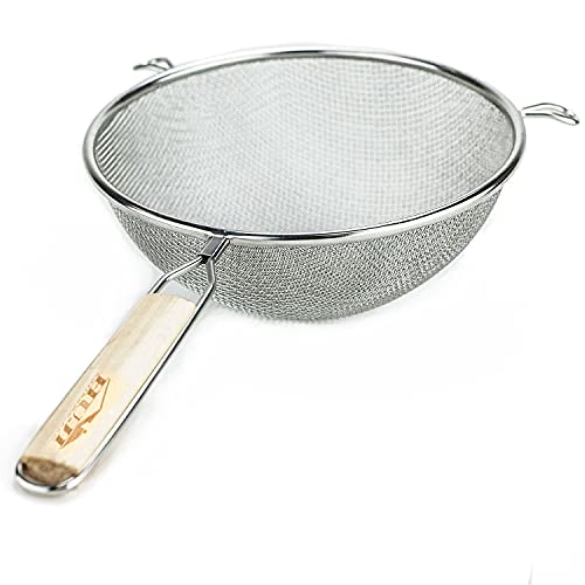 Huji 8-Inch Stainless Steel Double Mesh Food Strainer Colander - Fine Sieve Sifter With Wooden Handle For Kitchen Cooking, Pasta