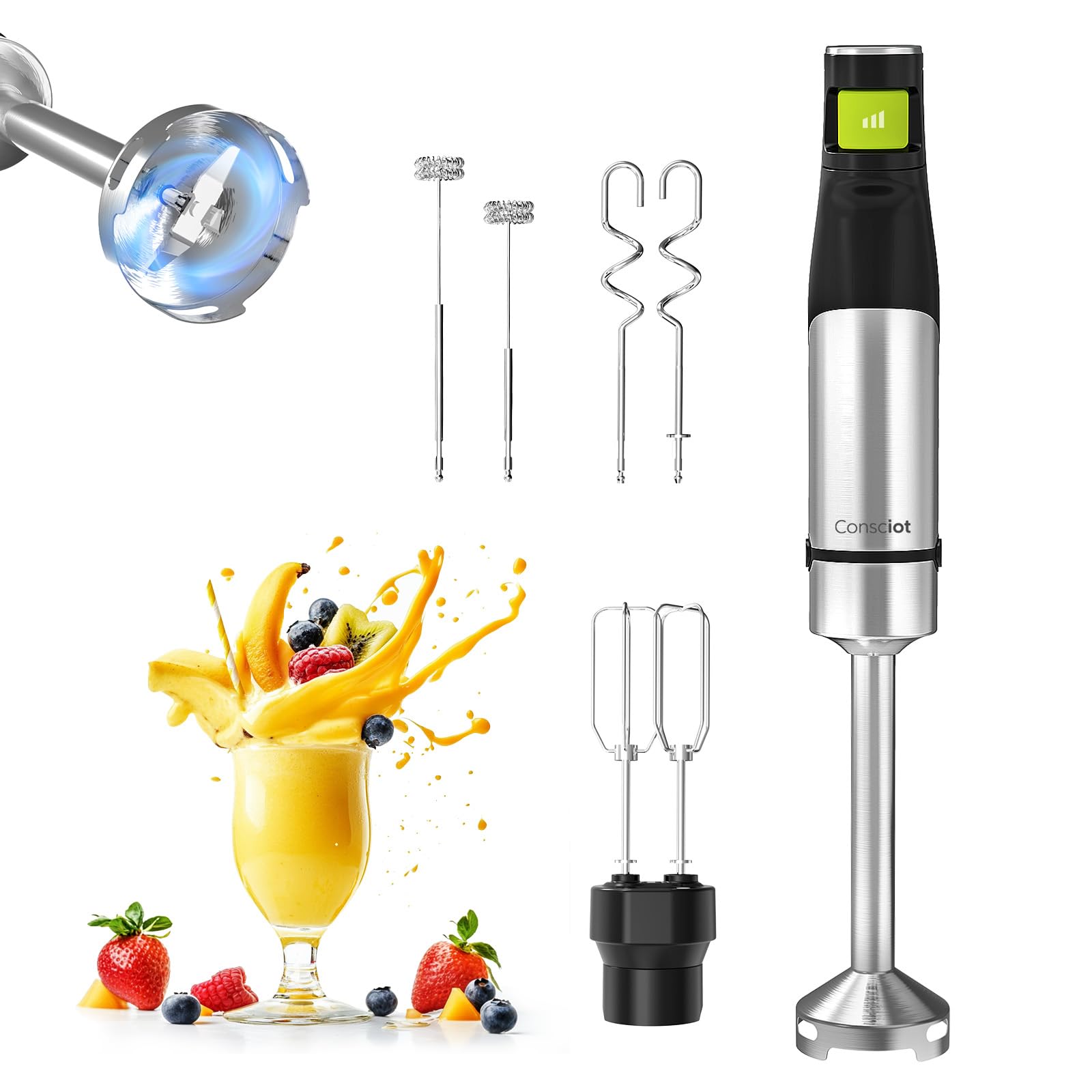 Consciot 4 in 1 Immersion Hand Blender Max 1100W, Corded Stick Emulsifier with Entire Stainless Steel Blender Shaft, Trigger Spe