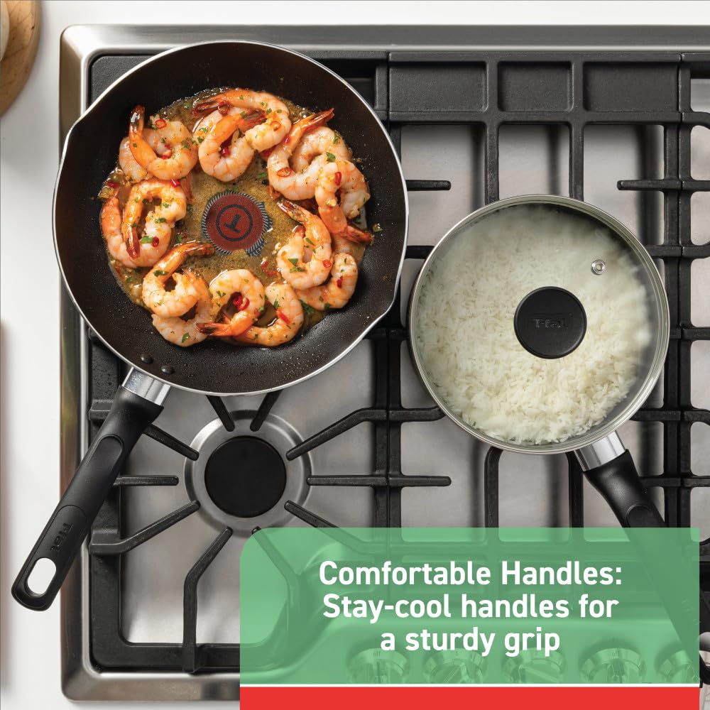 T-fal Initiatives Nonstick Cookware Set 18 Piece, Oven Broiler Safe 350F, Kitchen Cooking Set w/Fry Pans, Saucepans, Stockpots,